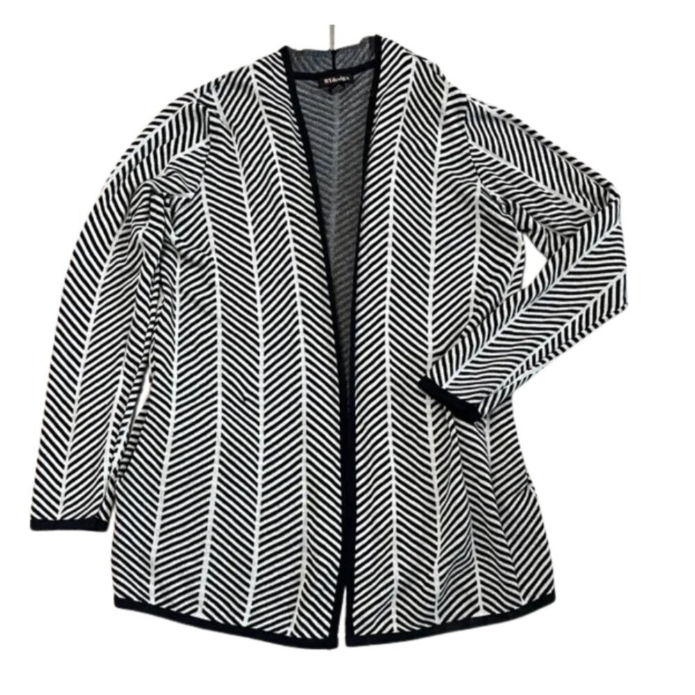 BYDesign Black and White Chevron Open Cardigan Sweater with Side Pockets Size L